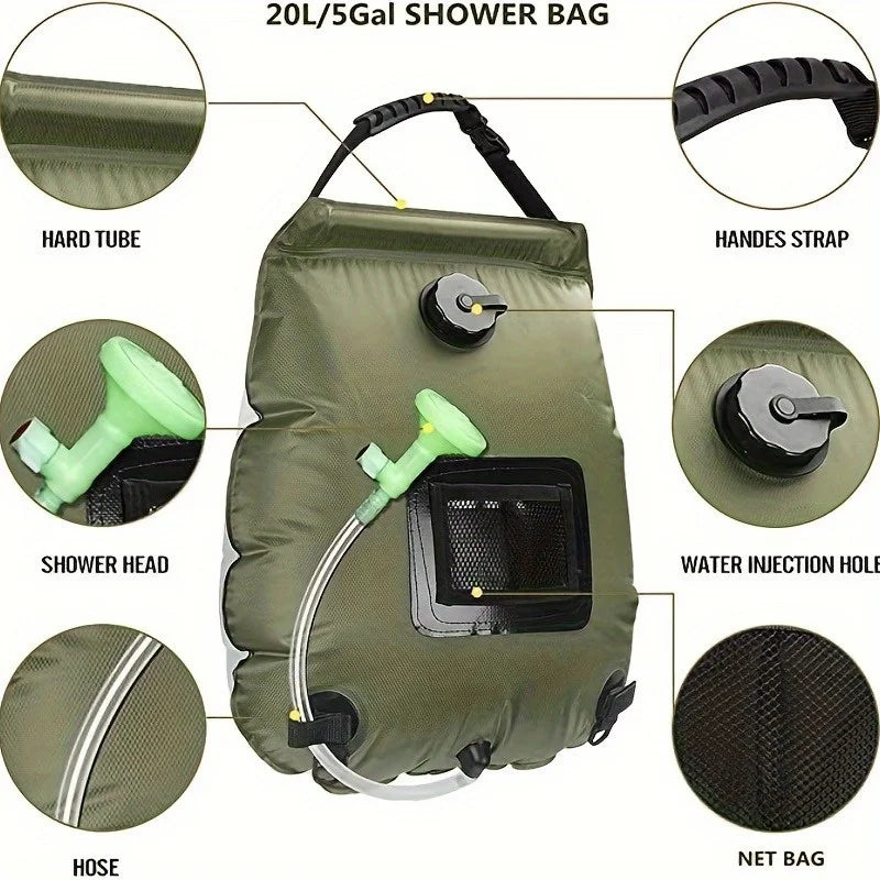 5-gallon solar-heated camping shower bag