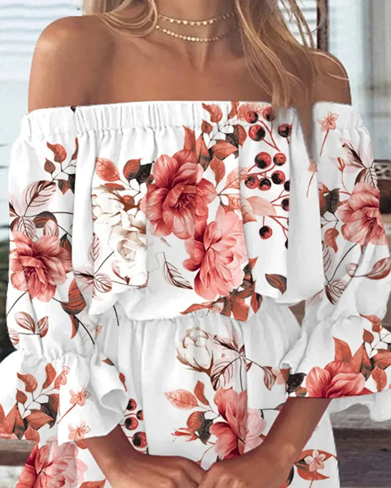 Sexy Slash Neck Long Flare Sleeve Floral Print Mini Dress Summer Women Boho Party Vestidos NMD-6650