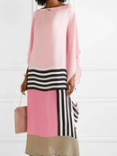 Retro Striped Print Patchwork Irregular Dress Women Spring Batwing Sleeve Loose Long Dress Summer Sexy Crew Neck Boho Maxi Dress