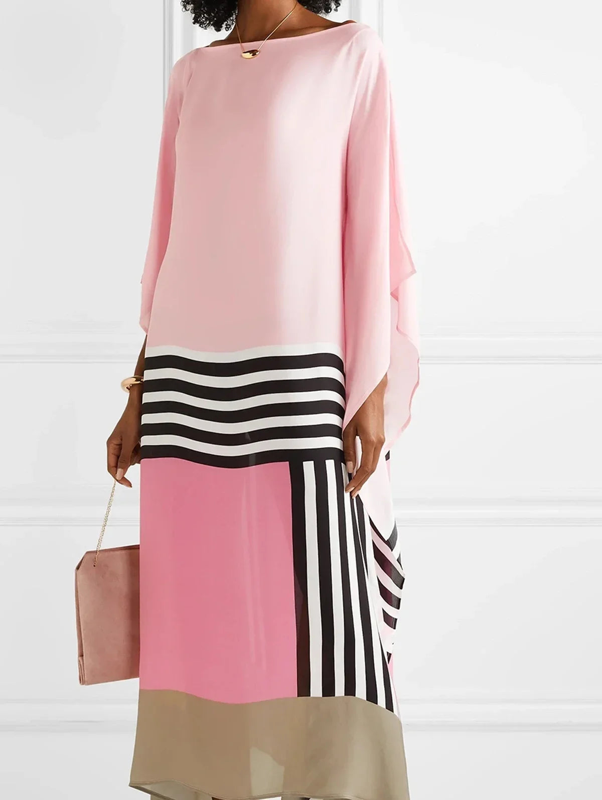 Retro Striped Print Patchwork Irregular Dress Women Spring Batwing Sleeve Loose Long Dress Summer Sexy Crew Neck Boho Maxi Dress