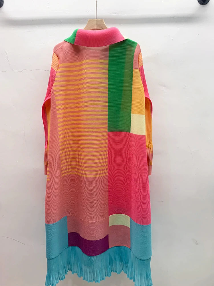 Miyake Women's Color Matching Dress, Autumn and Winter New Fashion Print Pleats, Medium Length, Loose Length Skirt