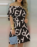 3XL Women's Casual Gradient Off Shoulder Short Sleeve Dress Bow Print Mini Dress