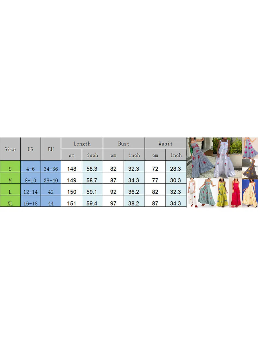 Imcute Women Cute Embroidered Maxi Dress Beach Dress Summer Boho Ruffle Long Dress Spaghetti Strap Flowy Maxi Dress