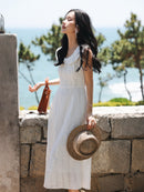 White Bow Jacquard Sundress Women Sweet Summer A-Line Dress with Tie Straps Petite Fit Flowy Midi Dress Cute Vacation Daily Wear