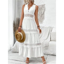 Women's Lace Stitching V-neck Sleeveless Dress High Waist White Ankle Length Sexy Long Dress