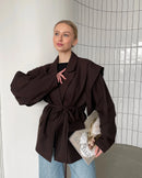 Trendy Lace-up Waist Cinching Blazer Woman Casual V-neck Solid Office Outerwear 2025 Autumn New Commute Long Sleeve Short Coats