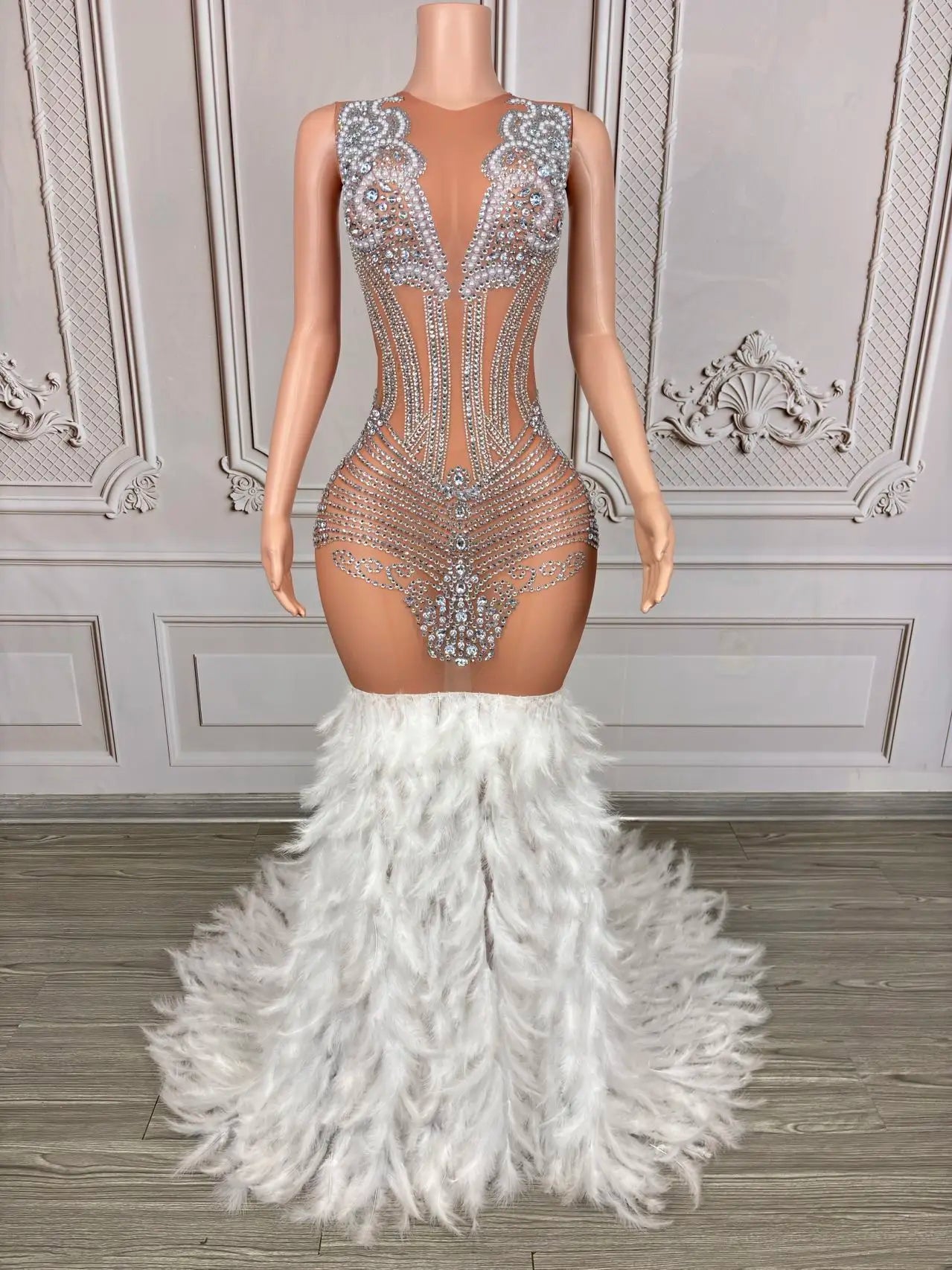 Women's Silver rhinestone transparent mesh floor dragging feather party dress