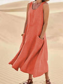 Women Linen Sundress Summer Female Sleeveless Double Big Pocket Loose Sand Beachwear Long Dress Oversized