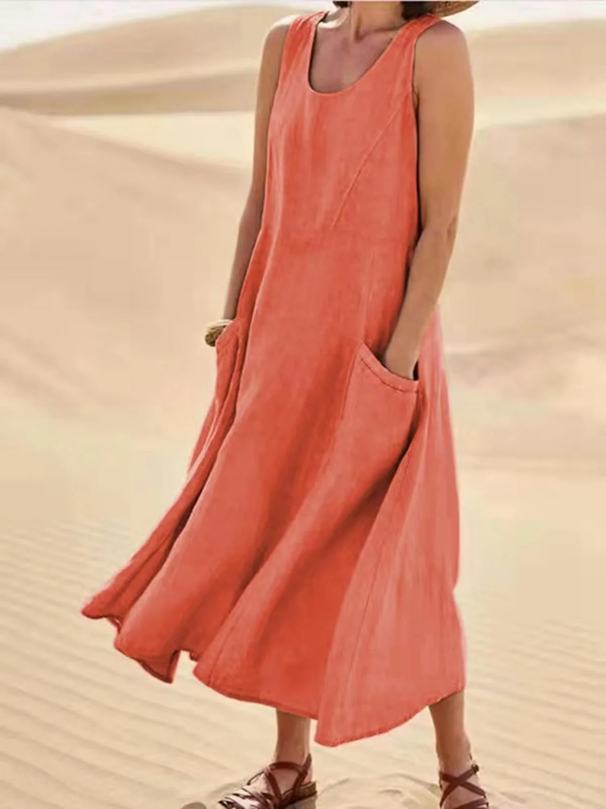 Women Linen Sundress Summer Female Sleeveless Double Big Pocket Loose Sand Beachwear Long Dress Oversized
