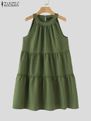 ZANZEA Summer Halter Sleeveless Tiered Dress Women Korean Ruffle Patchwork Robe 2024 Beach O-neck Loose Sundress Sweety Vestidos