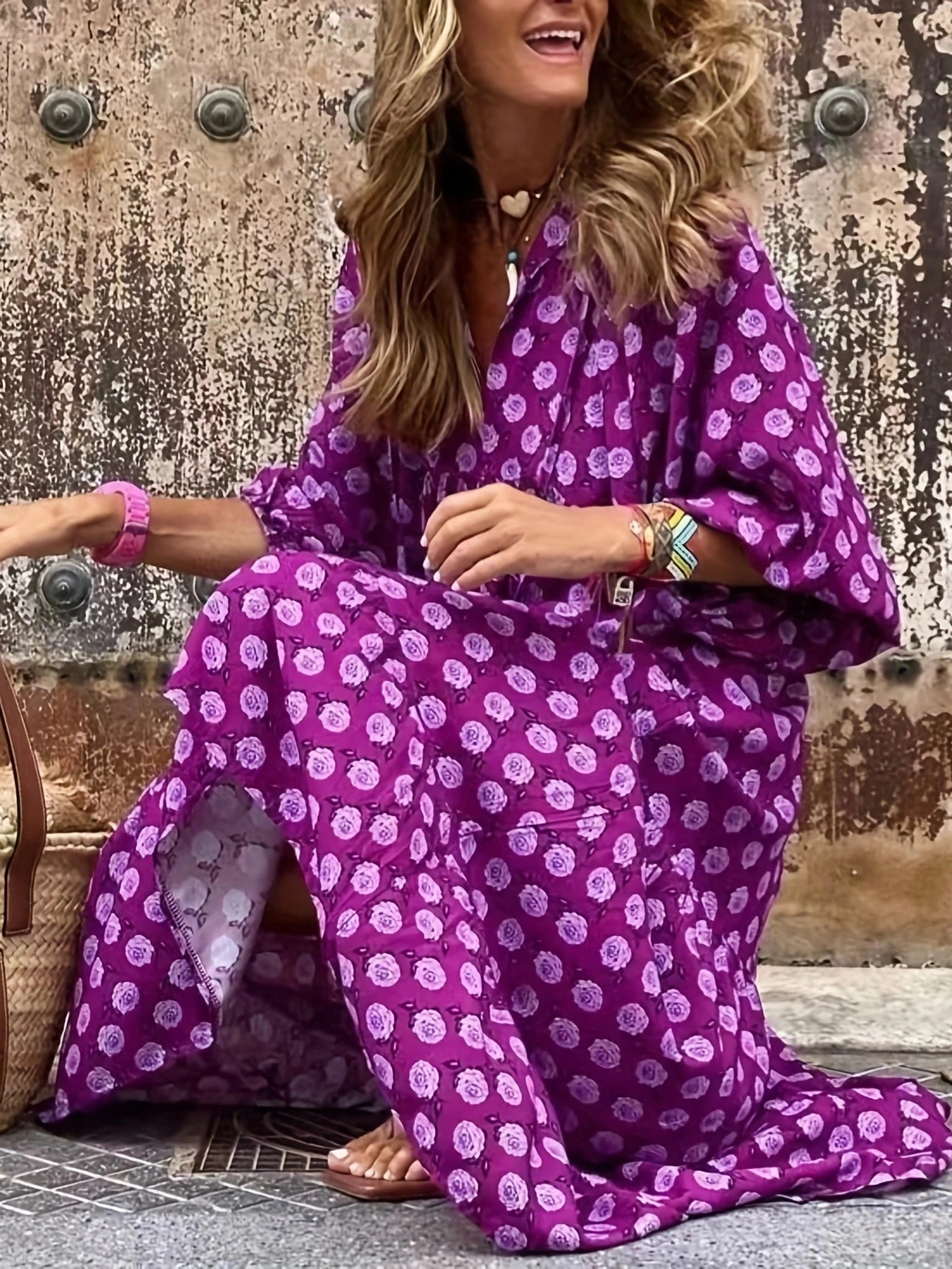 Women Dress Summer Puff SleeveBoho V Neck Printing Long Dress LooseHoliday Beach Female Casual FloralDresses Party Vestidos
