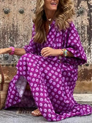 Women Dress Summer Puff SleeveBoho V Neck Printing Long Dress LooseHoliday Beach Female Casual FloralDresses Party Vestidos