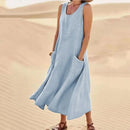 Women Linen Sundress Summer Female Sleeveless Double Big Pocket Loose Sand Beachwear Long Dress Oversized