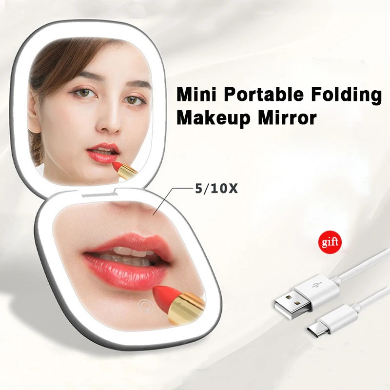 Led 5X 10X Magnifying Small Folding Makeup Mirror Portable Lights Compact Pocket Travel Aesthetic Vanity Mirrors Make Up Tools