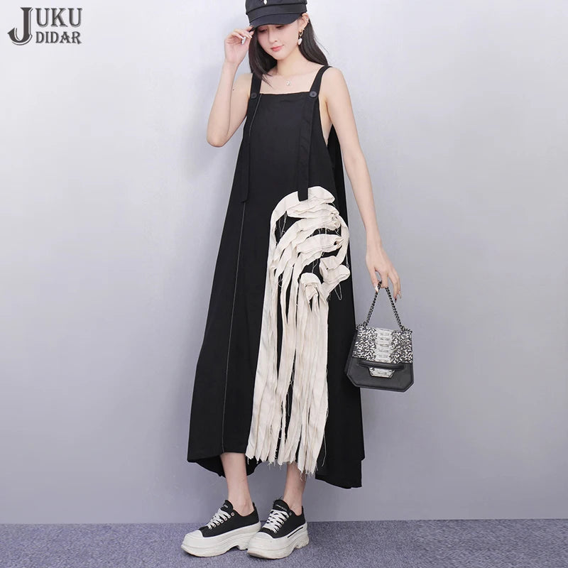 Unique Style New 2025 Summer Korean Style Woman Black Sleeveless Sundress Loose Fit Girls Casual Beach Cute Sun Dress JKXD057