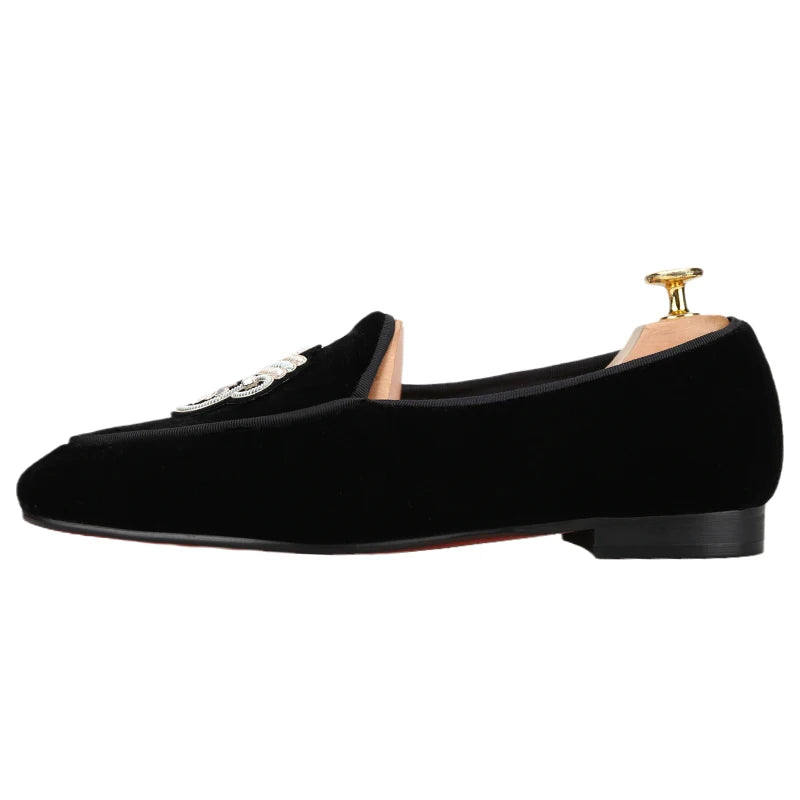 Black Velvet Men's Loafers with Embroidered Bee Rhinestone Patches and Red Outsole