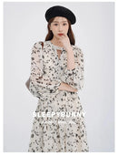Floral Midi Dress Women Sweet A-Line Long Sleeve Hollow Out Dress Elegant High Waist Casual Long Dress Daily or Vacation Outfits