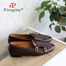 Piergitar 2023 Dark Brown Nappa Calfskin Double-Monk Belgian Loafers With Fringes And Metal Buckles Slip-On Men Smoking Slippers