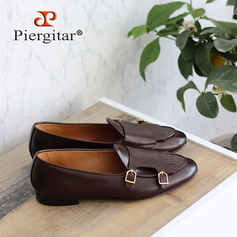 Piergitar 2023 Dark Brown Nappa Calfskin Double-Monk Belgian Loafers With Fringes And Metal Buckles Slip-On Men Smoking Slippers