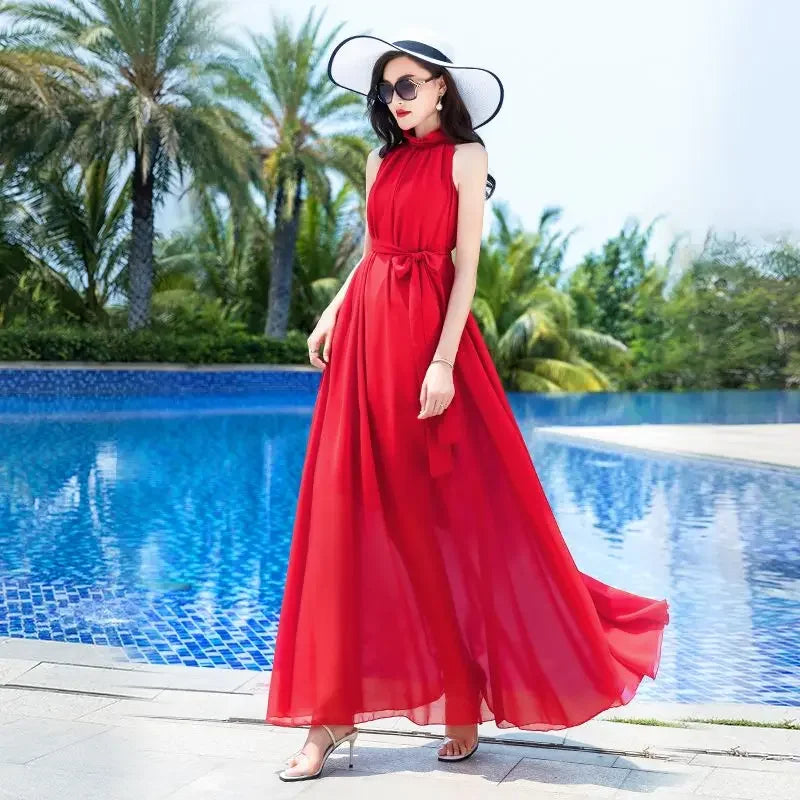 Sleeveless Chiffon Maxi Satin Long Silk Dress