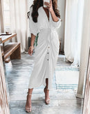Summer Bandage Shirt Women Fashion Button Ruched Dress Casual Short Sleeve Printed Dress Female Elegant Party Dress Robe