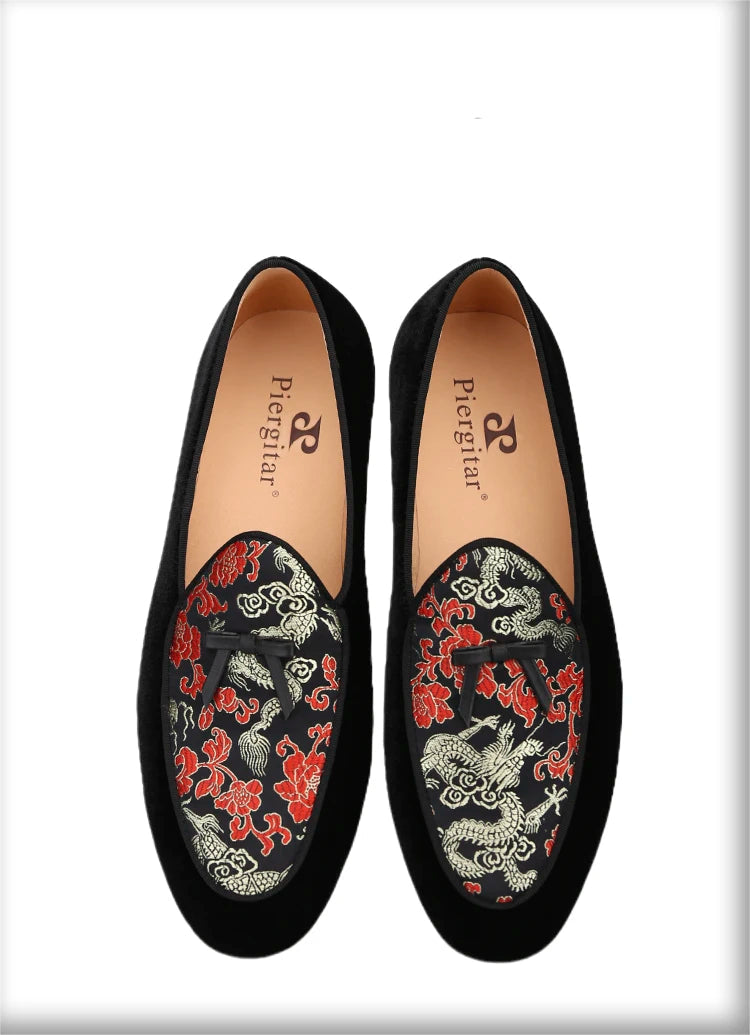 New Black Velvet Thread Dragon Print Satin Belgian Loafers for Men with Leather Tie Handcrafted Moccasin