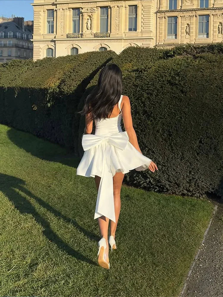 Elegant 3d Bow Backless White Mini Dress Women Fashion Sling A-line Pleated Vestidos  Spring Summer Lady Party Evening Gown