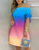 3XL Women's Casual Gradient Off Shoulder Short Sleeve Dress Bow Print Mini Dress