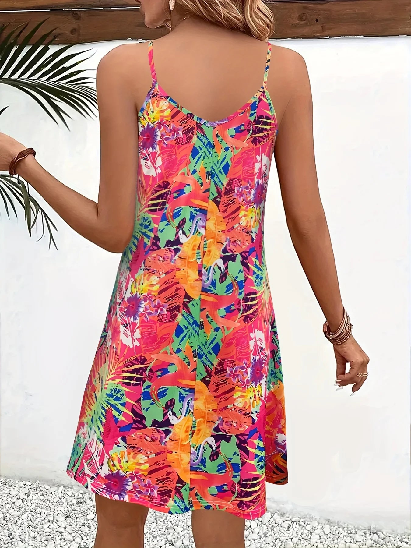 Tropical Printed Women's V-Neck Mini Dress For Summer,Sexy Vacation Beach Dress, Flowy Summer Party Dress for Women