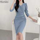 ZANZEA Summer Fashion Womens Dress Sexy Solid Color Knee Length Bodycon Sundress Elegant 3/4 Sleeve V-Neck Work OL Vestidos 2025