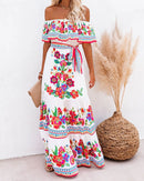 2024 Spring/Summer New Women Retro Fashion One Shoulder Red Flower Printed Waist Collection Long Style Large Swing Casual Dress
