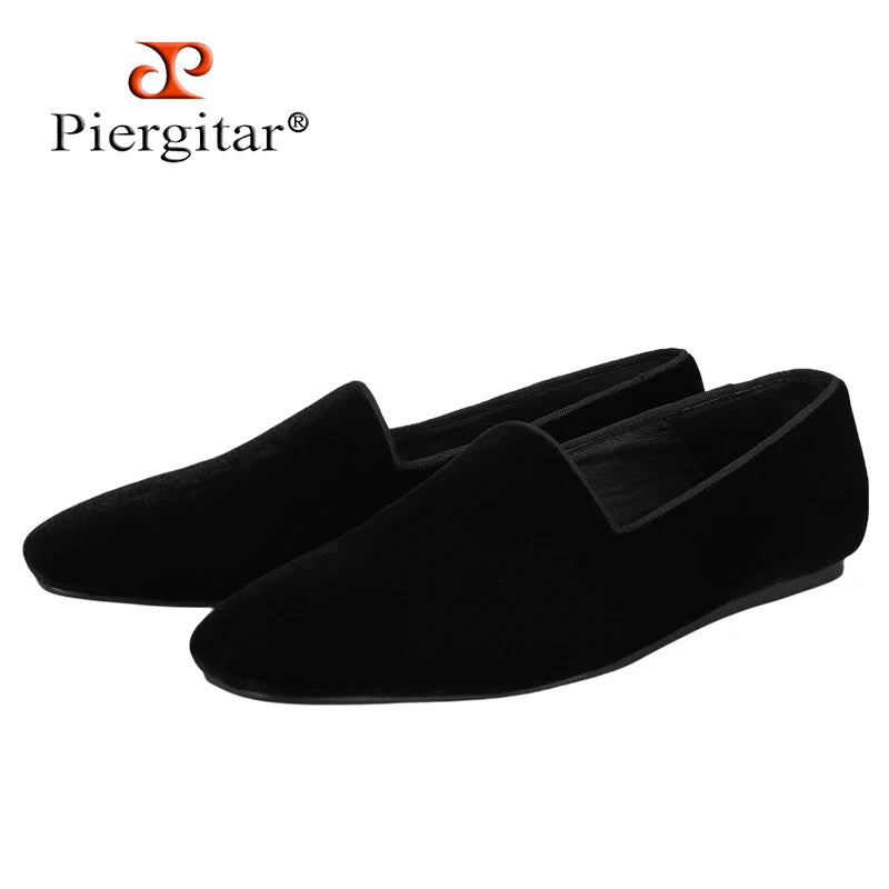 Piergitar Black Color Vintage Men Velvet Flats Shoes Can Worn Casual Or Dress Handmade Square Toe Slip-On Loafers Leather Insole