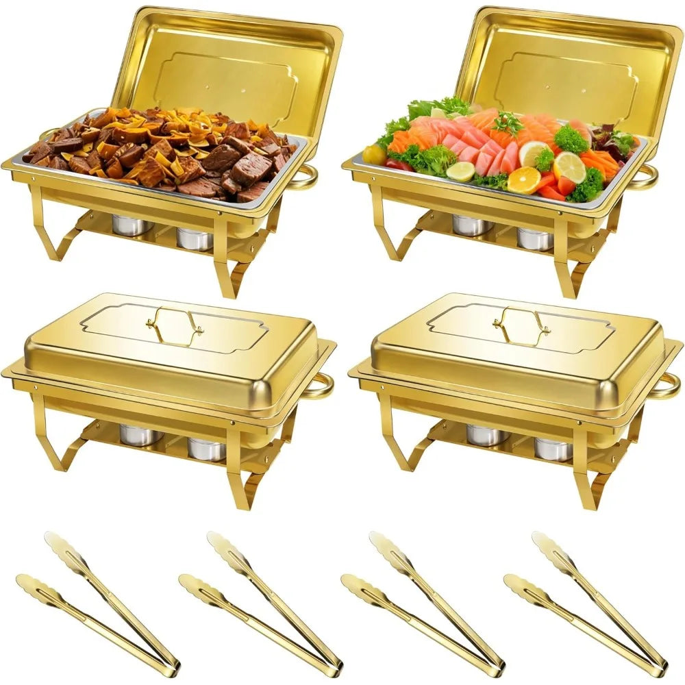 Chafing Dishes for Buffet, 4 Pack 8QT Gold Chafing Dish Buffet Set, High Grade Buffet Servers and Warmers with All-Gold Serving