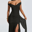 V-Neck Off Shoulder High Side Split Dress