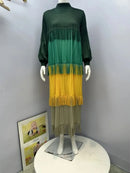 Women's Pleated Puff Sleeve Tassel Dress