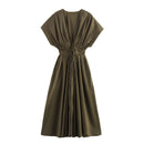 MYST&ZA2025 new summer women's casual fashion pleated drop shoulder short sleeve V-neck midi long dress