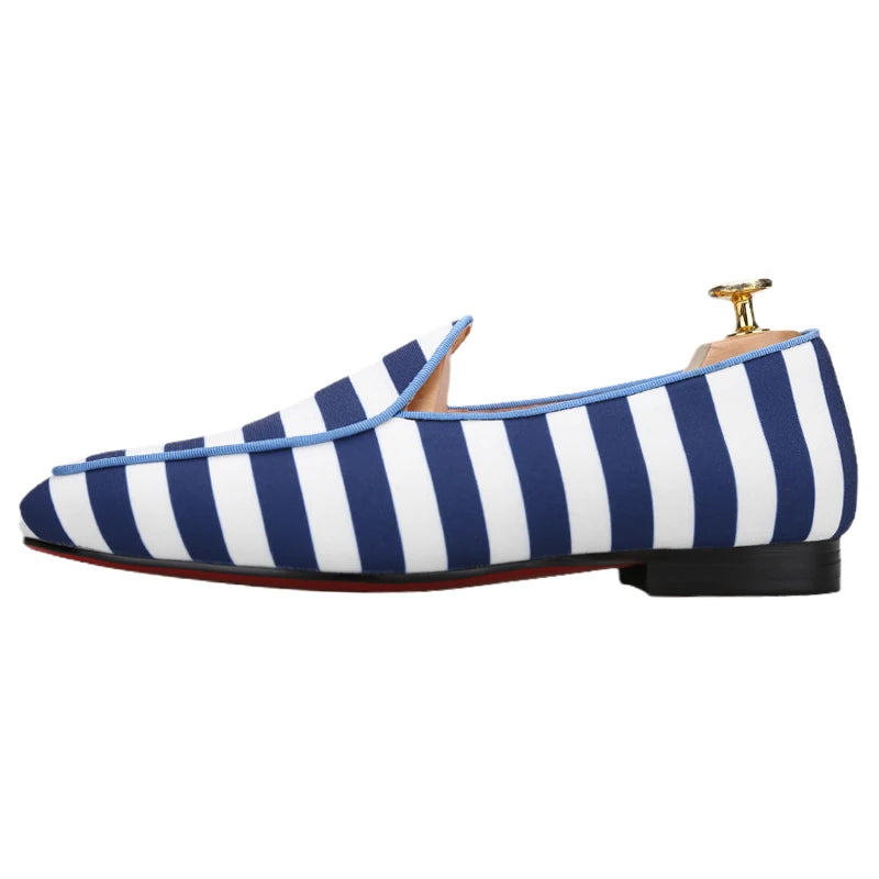 Piergitar 2022 New Arrival Blue And White Stripes Canvas Men Loafers For Party And Prom Handmade Male Slip-On Flats Red Bottom