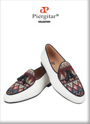 Piergitar Brand 2023 White Cotton Canvas Of Paisley Pattern Men's Loafers Fashion Party Handmade Leahter Tassel Shoes Plus Size