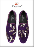 Piergitar Black And Dark Purple Velvet With Handmade Floral Sequin Men's Loafers CL Same Classic Red Outsole Slip-On Moccasins