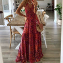Bohemian Style Women's Clothing Long Dress New  Suspender Long Dress High Waist V-neck Printed Floral Dress Women's Clothing