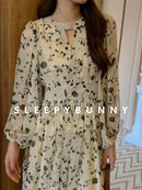 Floral Midi Dress Women Sweet A-Line Long Sleeve Hollow Out Dress Elegant High Waist Casual Long Dress Daily or Vacation Outfits