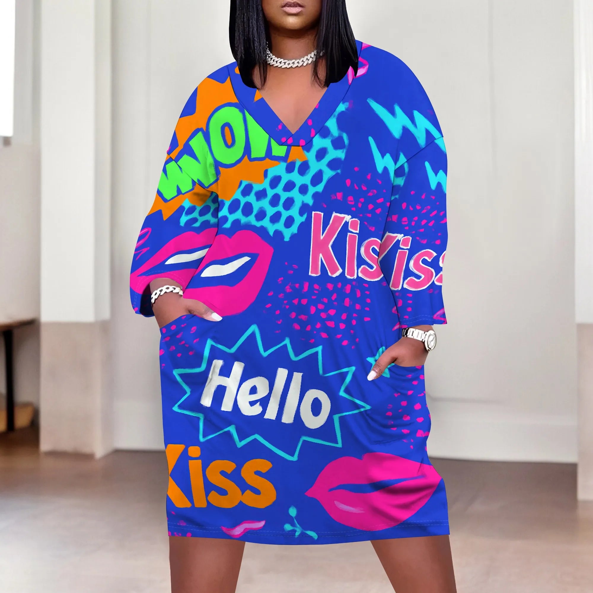 Pop Art Loose Fit Midi Dress XL-6XL – Colorful Comic Print V-Neck Casual Dress for Women Valentine's Day or Streetwear Look
