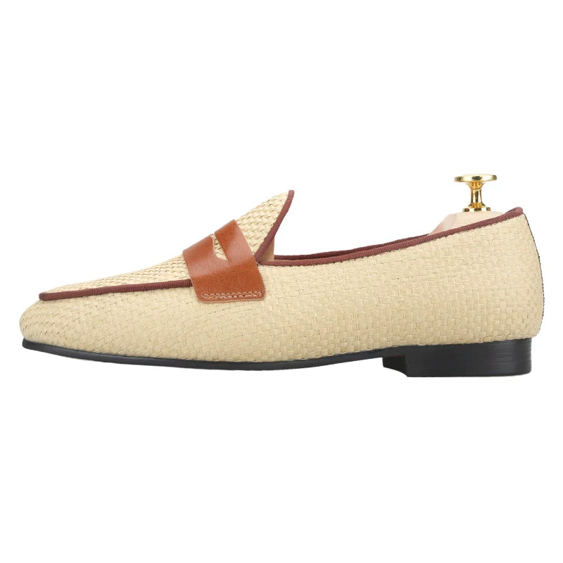 Men's Slip-On Smoking Slippers in Plus Size, Handmade Rafia Penny Slippers, Primary Color.
