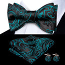 Hi-Tie Red Black Purple Paisley Mens Bow Tie Hanky Cufflinks Set Self-tied Butterfly Knot Bowtie for Male Wedding Business