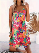 Tropical Printed Women's V-Neck Mini Dress For Summer,Sexy Vacation Beach Dress, Flowy Summer Party Dress for Women
