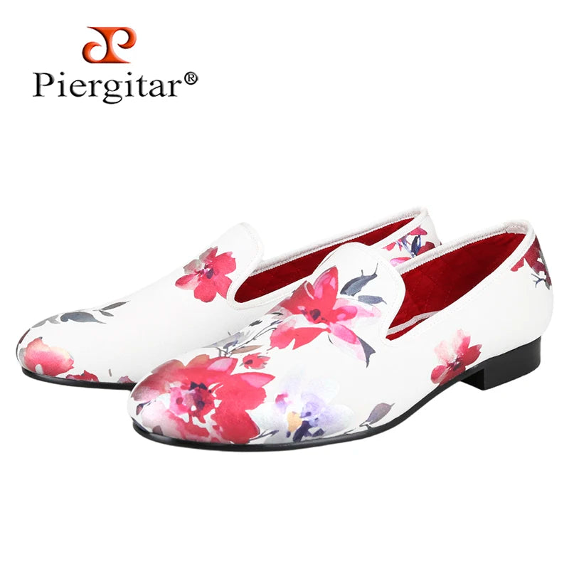 Piergitar White Color Fabric Of China Oil Painting Style Men's Loafers For Fashion Party And Wedding Handmade Slip-On Flats