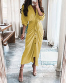 Summer Bandage Shirt Women Fashion Button Ruched Dress Casual Short Sleeve Printed Dress Female Elegant Party Dress Robe