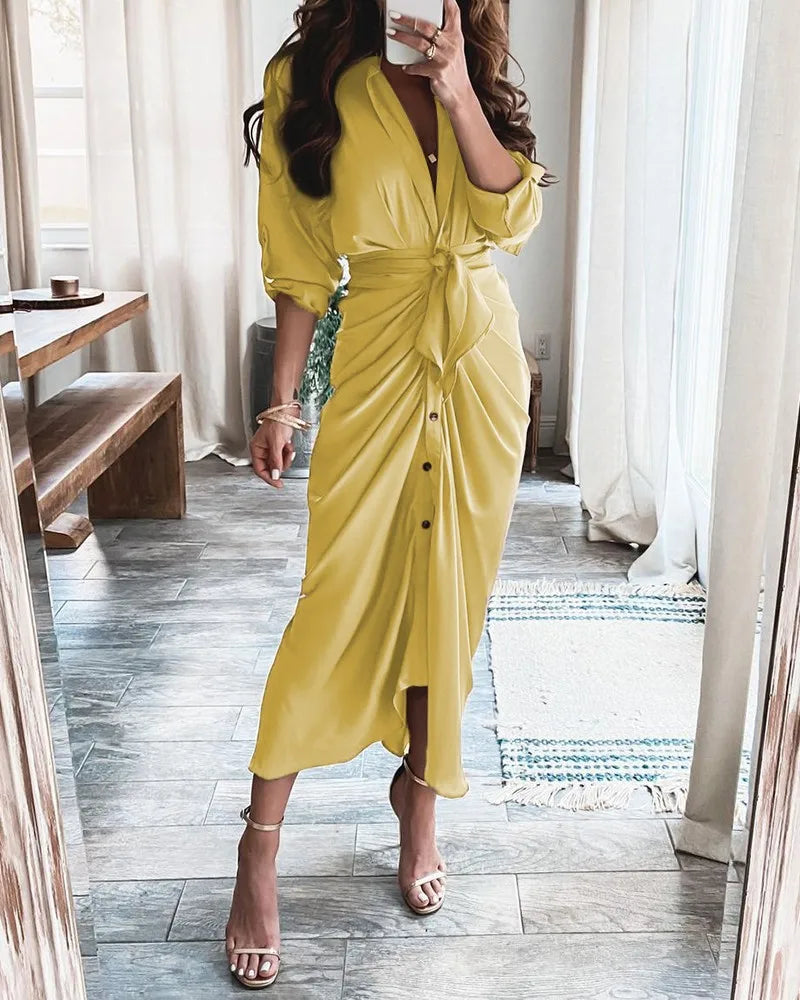 Summer Bandage Shirt Women Fashion Button Ruched Dress Casual Short Sleeve Printed Dress Female Elegant Party Dress Robe