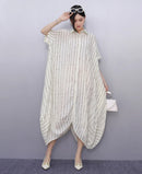 New 2025 Summer Woman Short-Sleeve Black Striped Shirt Dress Loose Fit Chic Big Size Casual Holiday Irregular Large Robe JKXD017