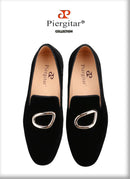 Piergitar Black Velvet Classic Men's Loafers For Fashion Party And Wedding Circle Metal Buckles Slip-On Flats Red Color Outsoles